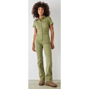 Urban Outfitters Emma Denim Flared Jumpsuit Women S Olive Green Utility Stretch